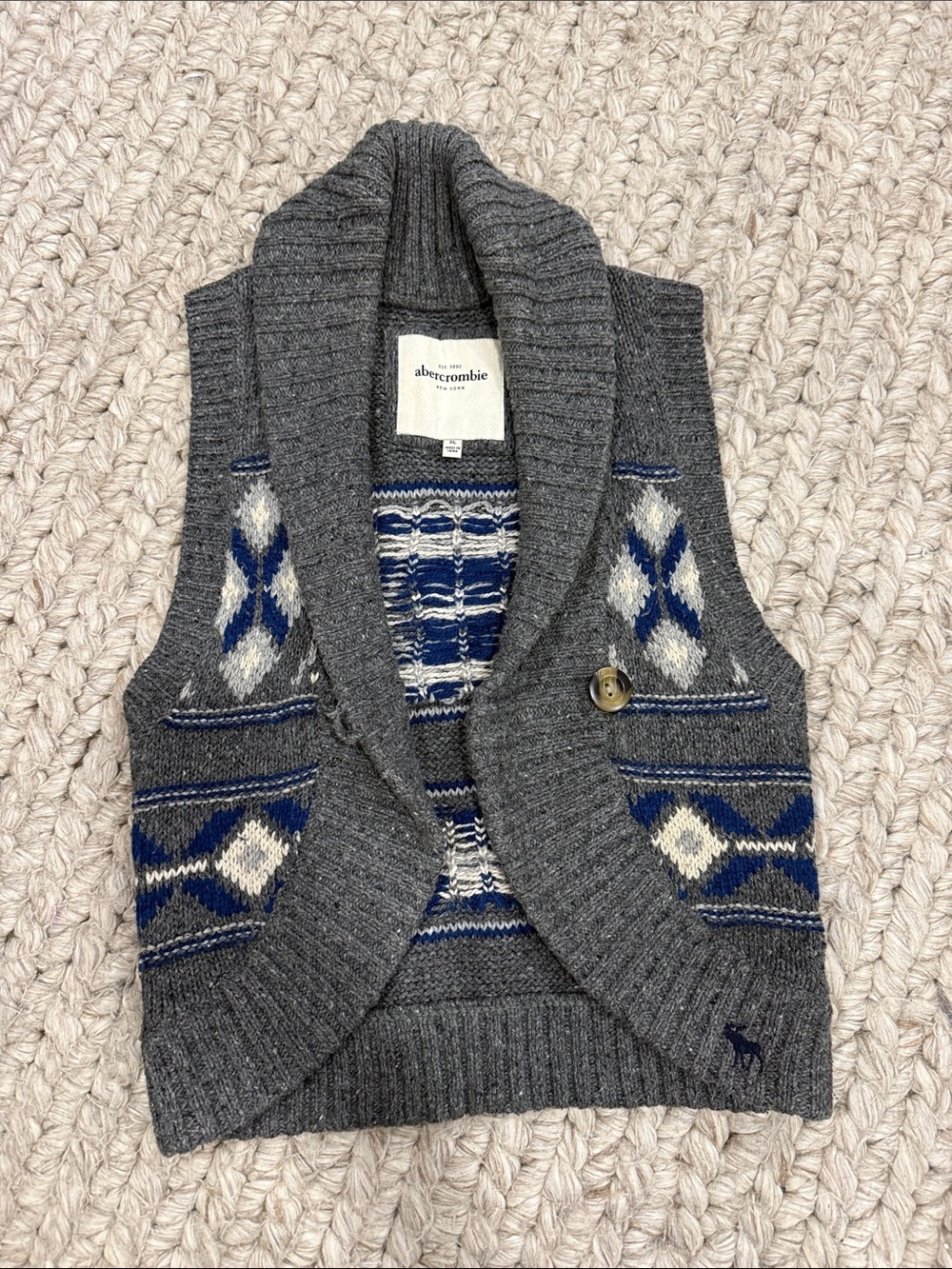 Abercrombie Kids XL Fair Isle Knit Sweater Vest Grey Blue